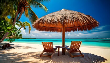 Scenic vacation spot with wooden chairs on a tropical beach shaded by a straw umbrella
