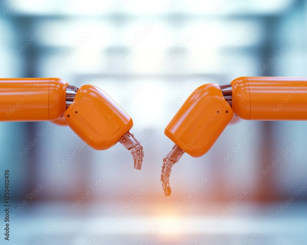 Fototapete Futuristic Robotics Workshop Idea Precision Assembly with Orange Mechanical Arms - Tech Innovation in Engineering Education and Enhanced Industrial Automation