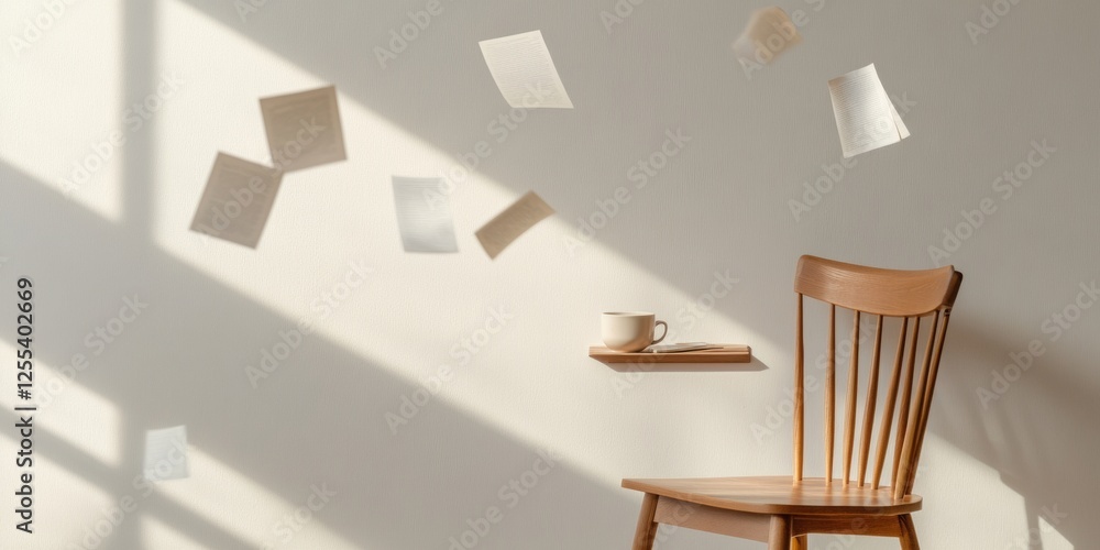Poster minimalist workplace chaos floating papers and wooden chair in sunlit office - editorial content on 