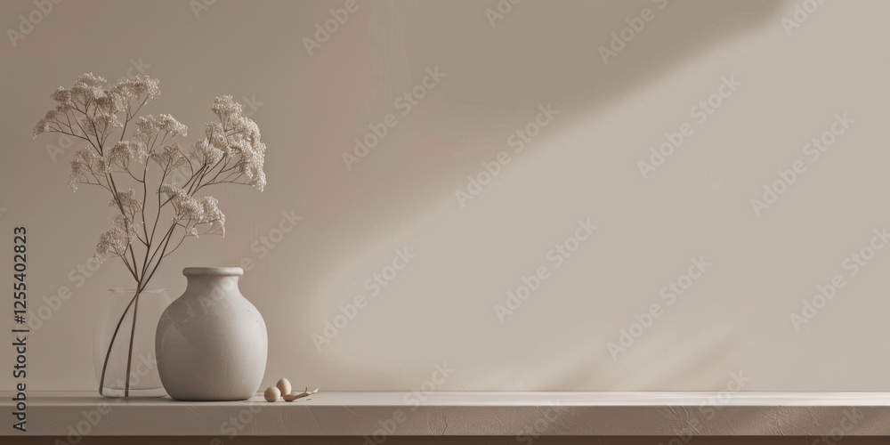 Poster a sophisticated minimalist theme with a light taupe background, subtle gradients and warm hues, scan