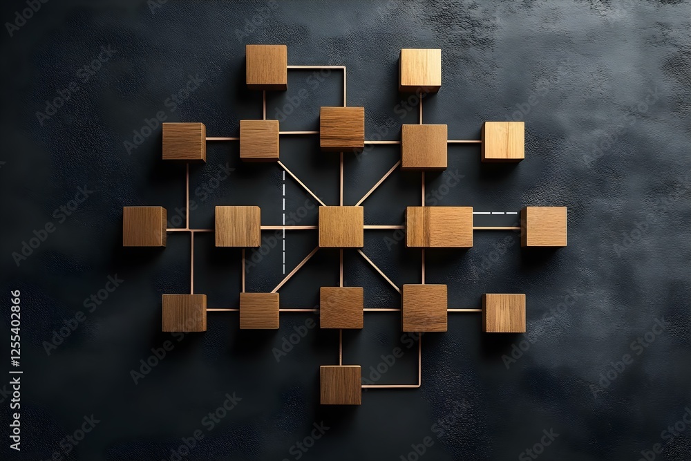 Poster a network diagram made of wooden squares and connecting lines, illustrating a structured relationshi