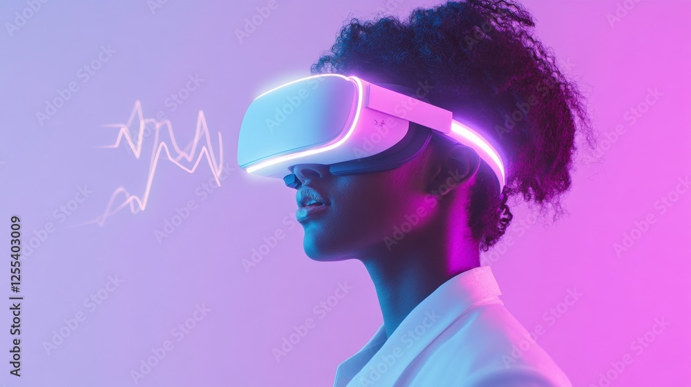 Poster immersive tech vr headset on professional in neon-lit workspace - cutting-edge business innovation a