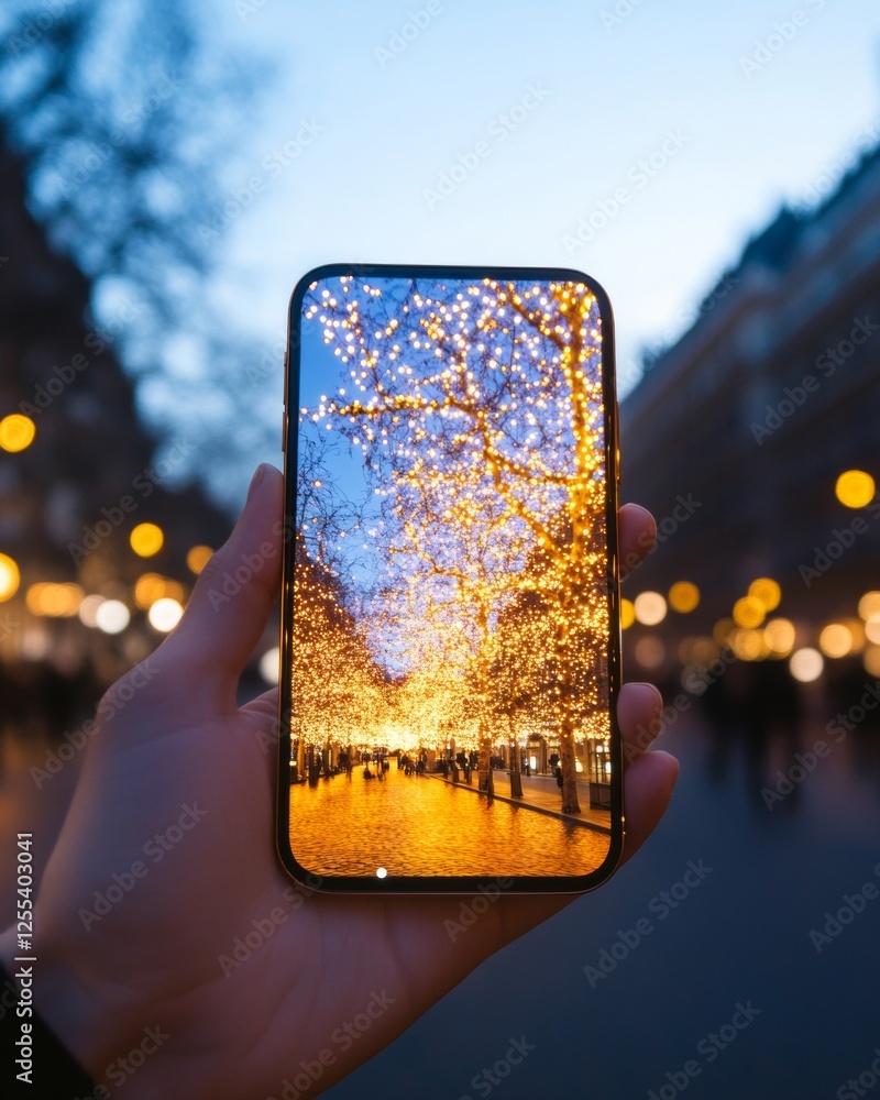 Leinwandbilder nostalgic urban smartphone display twinkling street lights on screen with handheld device enhancing 