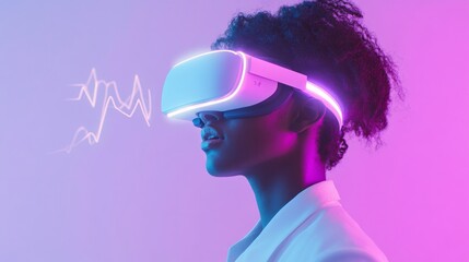 Immersive Tech VR Headset on Professional in Neon-Lit Workspace - Cutting-Edge Business Innovation and Market Strategy Visualization