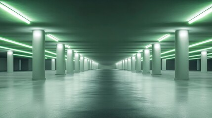 Empty underground parking lot with white columns and glowing green lights, a gray concrete floor, and a futuristic interior background for advertising or presentation of products