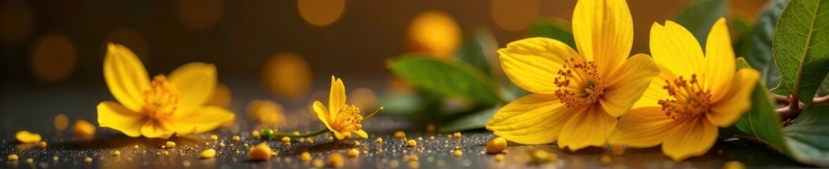 Fototapeta premium Yellow flowers and golden accents adorn the perfume box, elegance, box