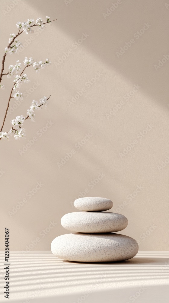 Aufkleber modern zen minimalism smooth stone stack with blossom branch on beige - mindful meditation decor and