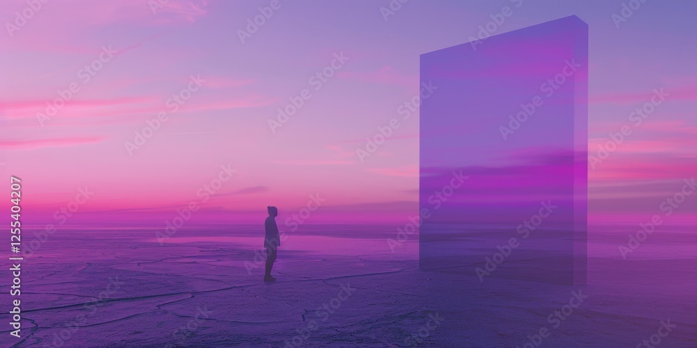 Poster a surreal minimalist composition with a dreamy purple backdrop, surreal elements and minimalist fant