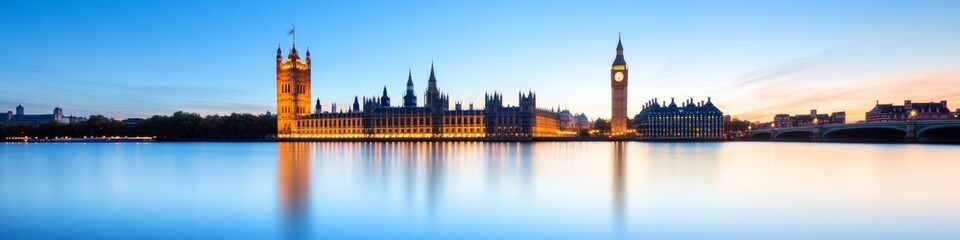Fototapeta premium Panoramic Gothic Architecture Artistry Illuminated Houses of Parliament and Big Ben on Thames - Iconic UK Landmark Capturing Democratic Heritage and Tourism Excellence