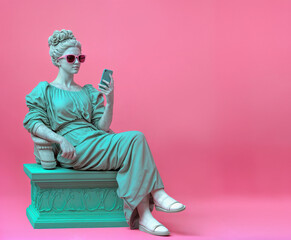 Ancient female statue wearing sunglasses, using a cell phone. Social media retrofuturism...