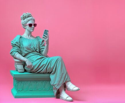 Ancient female statue wearing sunglasses, using a cell phone. Social media retrofuturism background	

