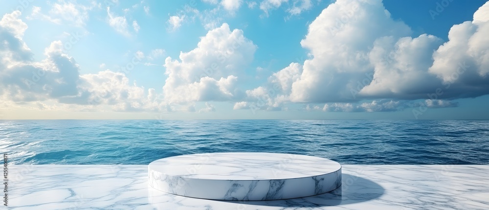 Poster serene marble platform display with ocean view under a bright sky and fluffy clouds