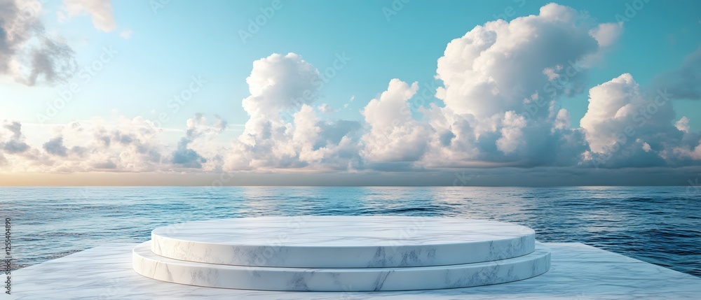 Poster serene marble platform display with ocean view and blue sky for product showcase and promotion