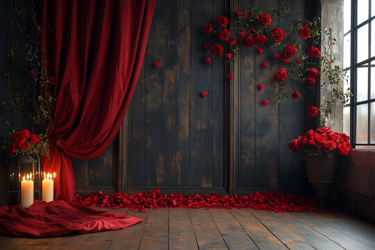 Engagement, valentines day, wedding background with delicate flowers and vintage wall.