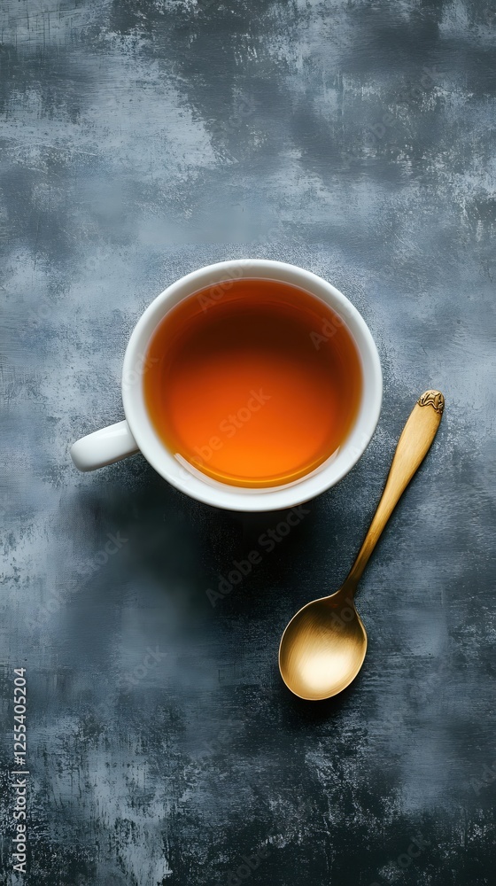 Poster elegant tea time with golden spoon on textured backdrop creating a warm and inviting scene