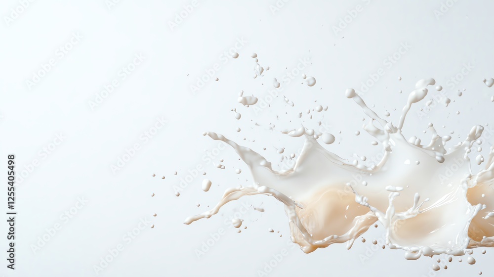 Poster dynamic splash of creamy liquid with droplets on white background. minimalistic and abstract fluid m
