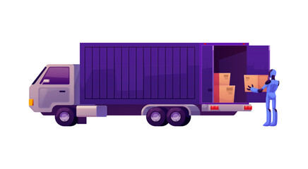 Vector illustration of a robot putting boxes into a truck.