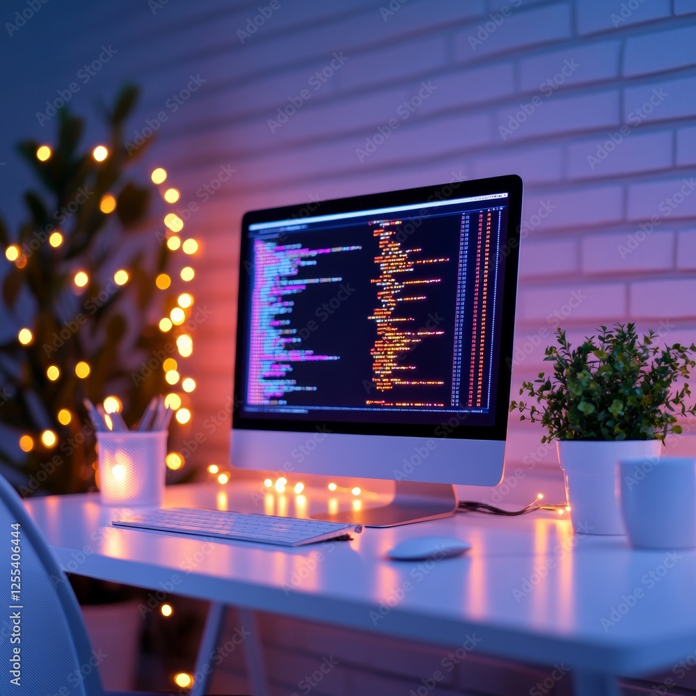 Poster Scandinavian Minimalist Desk Sleek Modern Workspace with LED Lit Computer Screen and Ergonomic Chair - Digital Innovation for Professional Tech Environments and Enhanced Productivity
