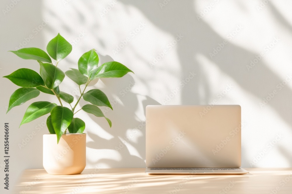 Aufkleber minimalist home office design wooden desk with ergonomic setup and greenery for enhanced productivit