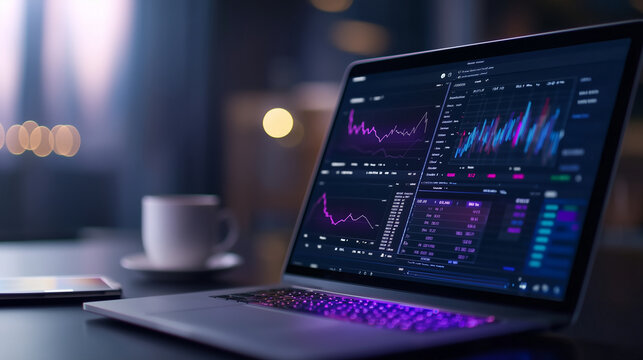 Digital Financial Dashboard on Laptop with Data Visualizations,Graphs