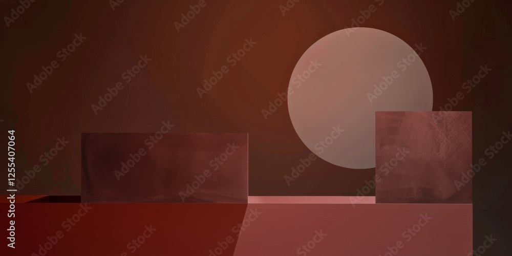 Poster an abstract minimalist artwork against a deep maroon background, geometric shapes and negative space