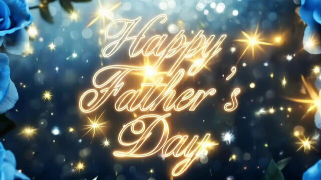 Glowing neon golden letters spelling Happy Father's Day framed by blooming blue roses greeting card on dark sparkling bokeh background