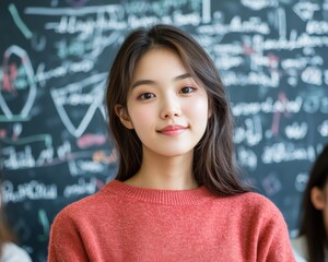 Contemporary Classroom Dynamics Young Asian Teacher Engages Diverse Students with Creative Math Concepts on Chalkboard - Innovative Educational Content and Collaborative Learning Design