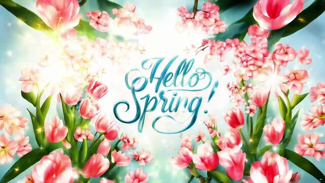 Pink tulips and cherry blossoms frame a light blue Hello Spring text lettering over a soft focus glowing motion background greeting card