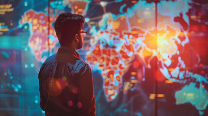 young indian man looking digital world map