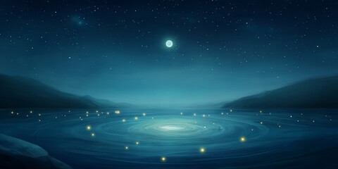 Obraz premium Moonlit Lake with Glowing Lights at Night 