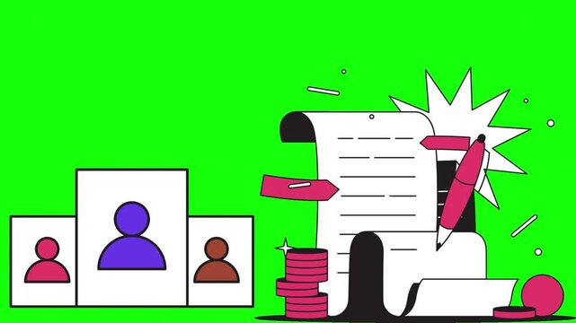 User Icon, Resumes of candidates are signing business contract on green background
