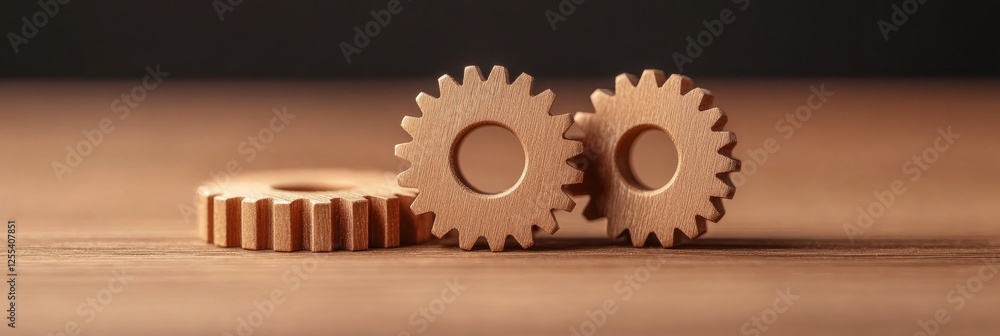 Poster minimalist industrial design wooden gear interlock on oak surface - precision mechanics and collabor