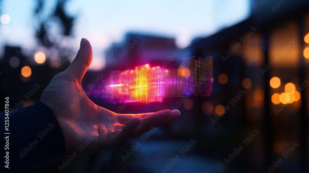 Poster Immersive Holographic AR Display Dynamic Digital Interface on Hand with Glass Surfaces - Smart Office Solutions and Tech Innovation for Modern Workspaces