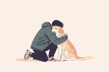 Minimalist vector illustration of a person kneeling and hugging their loyal dog, heartwarming scene. Soft flat colors, plain background.