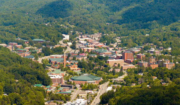 Boone, North Carolina. American architecture with streets and historical buildings in Blue Ridge Mountains. Popular tourist destination