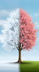 Seasonal Transition Banner – Tree Changing from Winter to Spring with Copy Space