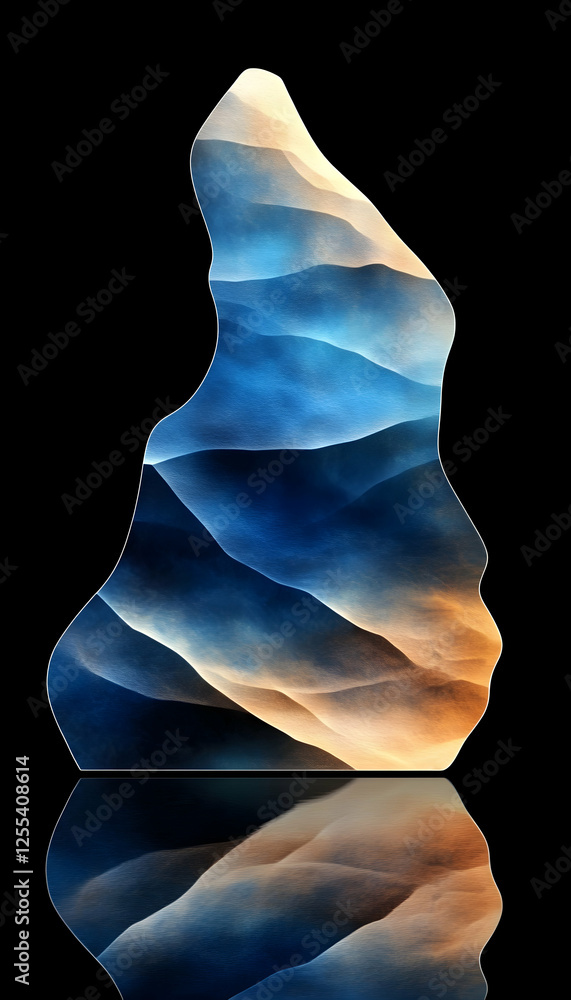 Poster abstract art depicting mountain ranges on a unique shape with reflection against dark backdrop for a