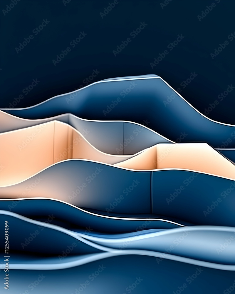Poster abstract, layered shapes in blue and beige tones, for use as a background for design projects, addin