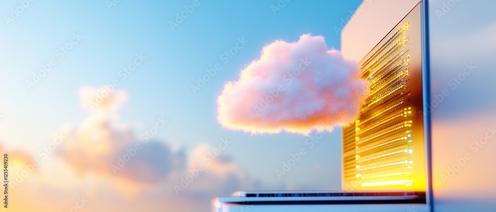 Poster Futuristic Cloud Computing Reflective Glass Servers and Neon Cables in Sunset Glow - Advanced Digital Solutions for IT Networks and Cloud Integration