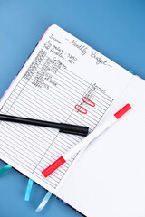 Open daily planner notebook on desk, with neatly handwritten organized Monthly Budget tracking. With dates, categories and expenses. Personal finance management, spending and budgeting habits concept.