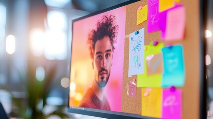 Contemporary Split-Screen Brainstorm Virtual Cultural Festival Event Planning with Corkboard Displays in Modern Office Setting - Innovative Remote Work Culture and Social Movements
