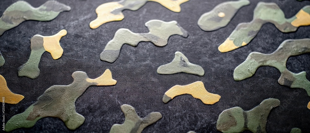Poster close-up view of a dark camouflage pattern with green and gold irregular shapes