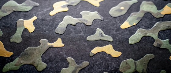 Fototapeta premium Close-Up View of a Dark Camouflage Pattern with Green and Gold Irregular Shapes