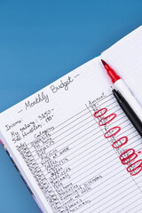 Obraz premium Open daily planner notebook on desk, with neatly handwritten organized Monthly Budget tracking. With dates, categories and expenses. Personal finance management, spending and budgeting habits concept.