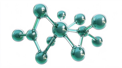 Glossy green molecular structure with interconnected spheres and rods on white background

