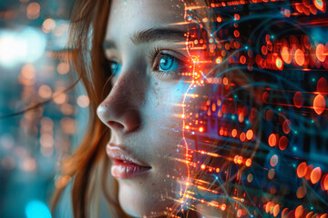 young woman face with digital screen