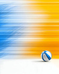 Blue & White Ball on a Reflective Surface with Colored Background Lines for Beach/Sports Graphics or Presentations