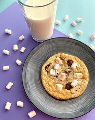 Chocolate and marshmallow sugar cookies on a plate near a glass of milk