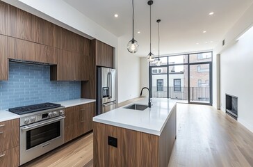 Fototapeta premium Modern kitchen with a light blue tile backsplash, white countertops, and wooden cabinets