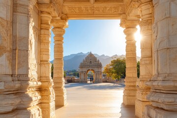Fototapeta premium Cultural Heritage Exploration Solo Visitor at Ancient Indian Fort with Intricate Stone Carvings - Historic Travel Content and Tourism Marketing in Architectural Wonders